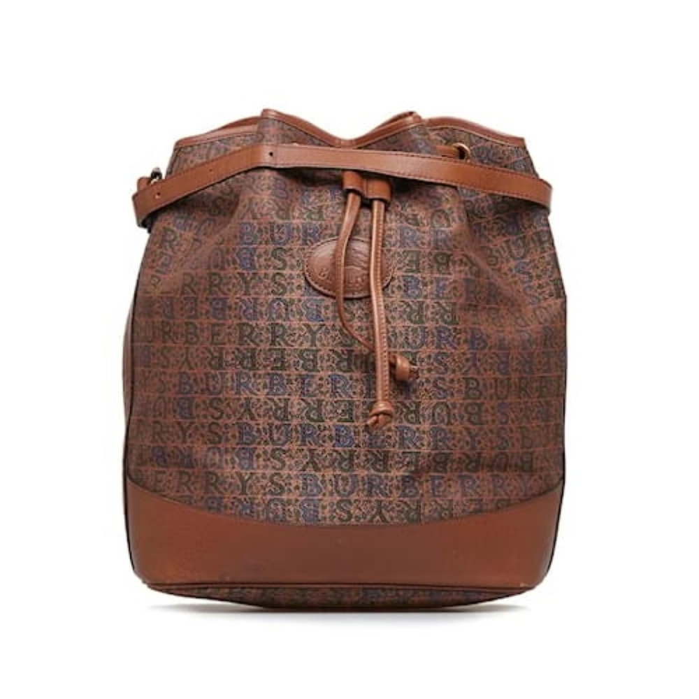 Burberry Logo Canvas Leather Drawstring Bucket Bag Brown